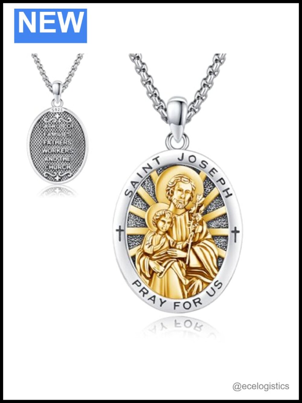 925 Sterling Silver St Joseph Medal Necklace Catholic Protection Pendant 22in